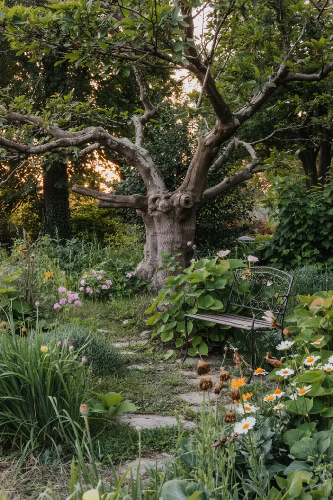 "Ein üppiger, ungestümer Garten voller lebendiger Pflanzen und blühender Wildkräuter, der die Schönheit der Natur in ihrer ursprünglichen Form widerspiegelt und ein Gefühl von Freiheit und ungebändigtem Wachstum vermittelt."