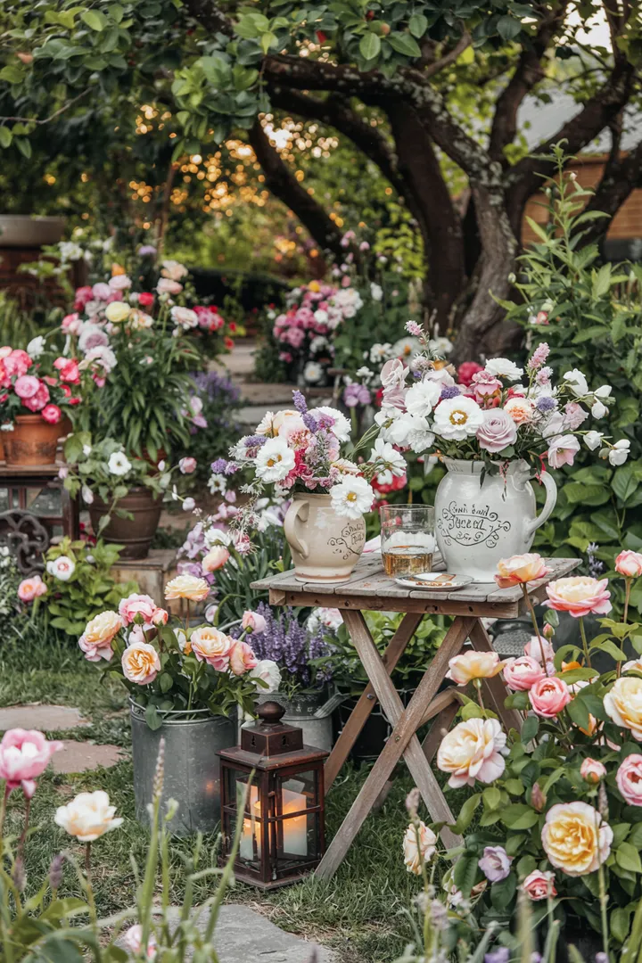 Ein einladender Außenbereich mit handgefertigten Elementen, die eine warme Atmosphäre schaffen. Die Kombination aus Naturmaterialien und geschmackvollen Akzenten verleiht dem Garten ein rustikales Flair und lädt zum Entspannen ein.