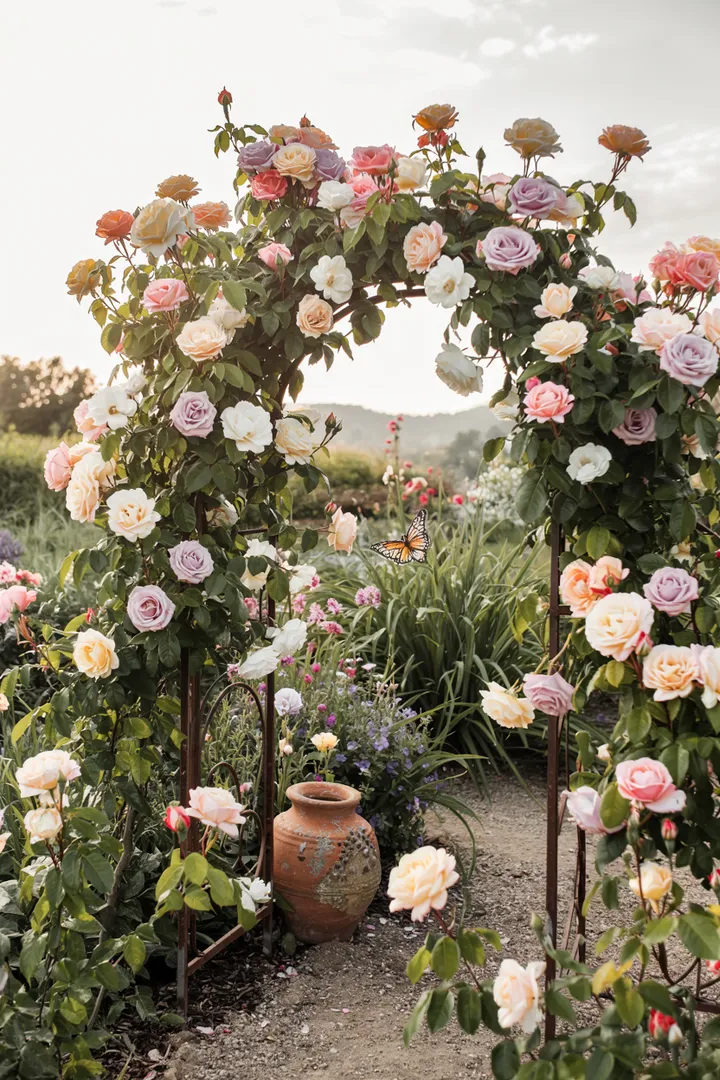 Ein romantischer Gartenbereich mit einem eleganten Bogen, umgeben von üppigem Grün und bunten Blumen, ideal für die Gestaltung eines einladenden Landhausgartens. Perfekte Deko für rustikale Außenszenen.