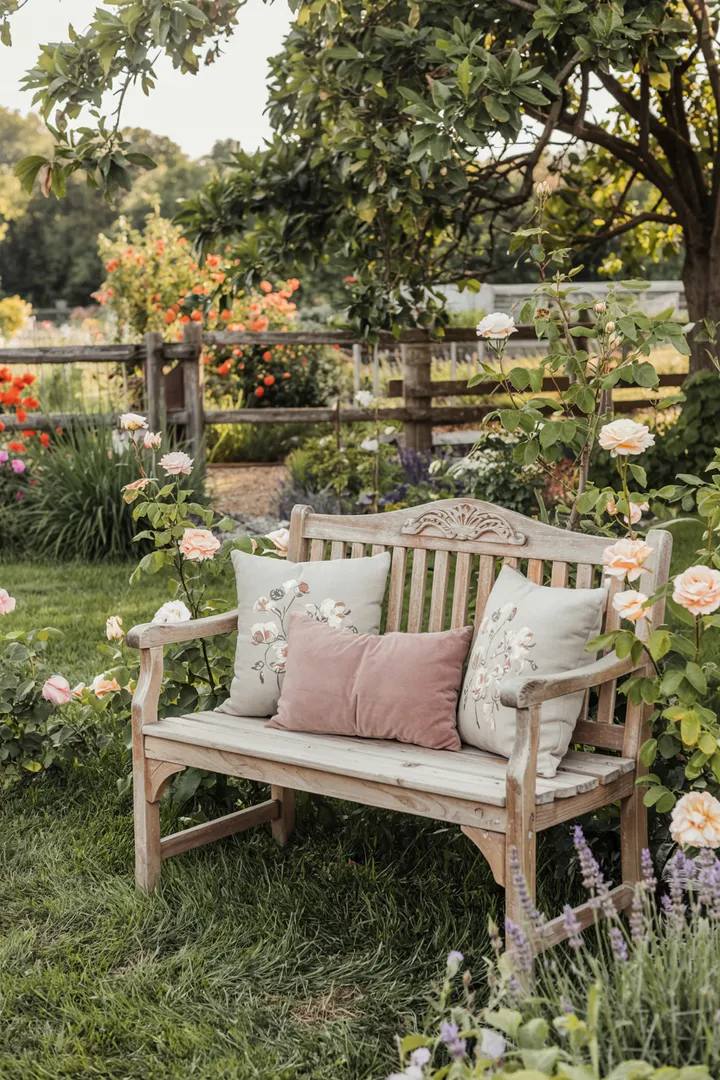 Ein idyllischer Außenbereich mit rustikalen Elementen und blühenden Pflanzen, perfekt für einen Landhausgarten. Die stilvolle Dekoration schafft eine einladende Atmosphäre und harmoniert mit der natürlichen Umgebung.