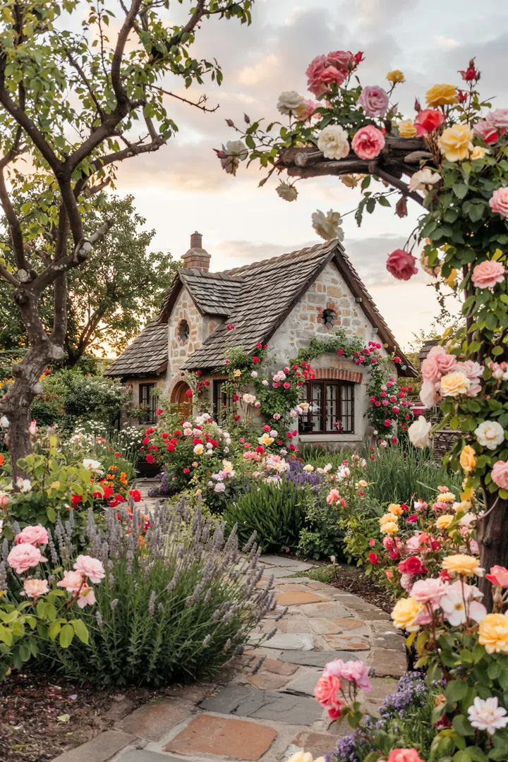 Eine malerische Gartenlandschaft mit eleganten Steinstufen, die zu einem bezaubernden Rosenbogen führen. Üppige Pflanzen und blühende Rosen schaffen eine einladende Atmosphäre für Naturfreunde.