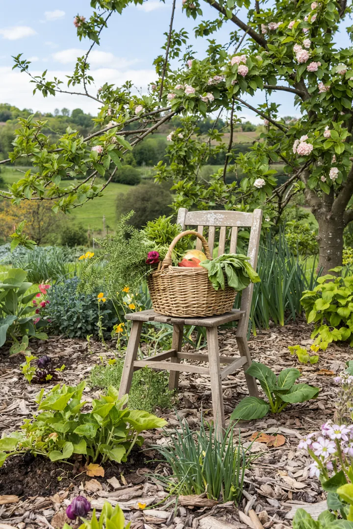 Ein kreatives Arrangement aus wiederverwendeten Materialien schmückt einen blühenden Außenbereich. Farbenfrohe Pflanzen wachsen in unkonventionellen Behältern und zeigen, wie umweltfreundliche Praktiken harmonisch in der Natur integriert werden können.