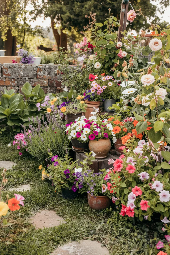 Ein harmonisch gestalteter Außenbereich mit blühenden Pflanzen und natürlichen Materialien, der eine einladende Atmosphäre schafft. Ideal für Ideen zur Vorgartengestaltung im rustikalen Stil.