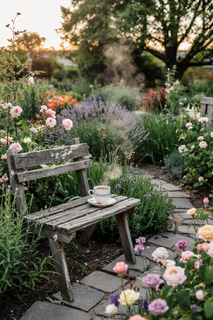 „Ein harmonischer Außenbereich mit üppigem Grün, bunten Blumen und einem einladenden Weg, der zu einem naturnahen Garten führt. Dieser Bereich strahlt Ruhe und Natürlichkeit aus und lädt zur Entspannung ein.“