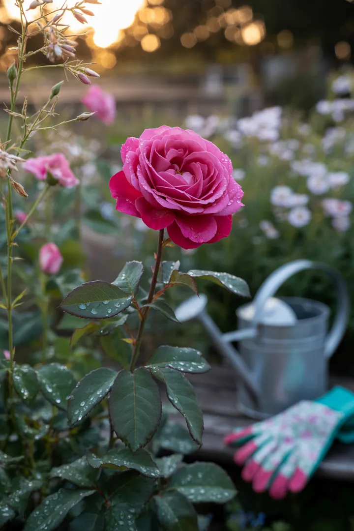 Ein einladender Zugang zu einem blühenden Außenbereich, umgeben von üppigem Grün und bunten Pflanzen, der den Besucher mit einem charmanten Tor und einem gepflegten Weg empfängt. Ideal für Gartenliebhaber.