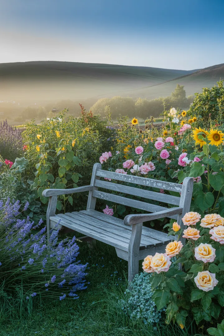 Ein blühendes Paradies aus vielfältigen Pflanzen, die harmonisch in einem lebendigen Staudengarten angeordnet sind. Farbenfrohe Blüten und üppiges Grün schaffen eine einladende Atmosphäre für Naturfreunde.