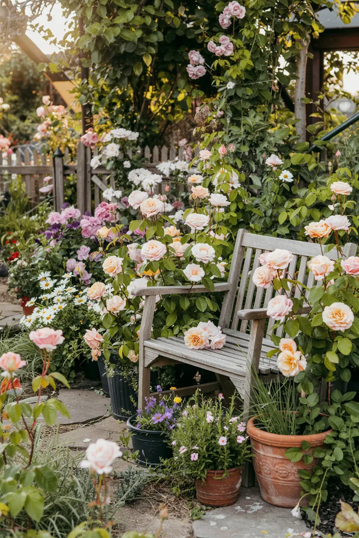Ein charmantes ländliches Anwesen mit liebevoll gestalteten Außenbereichen, die blühende Pflanzen und einladende Sitzgelegenheiten kombinieren. Ideal für inspirierende Ideen zur ländlichen Gartengestaltung.