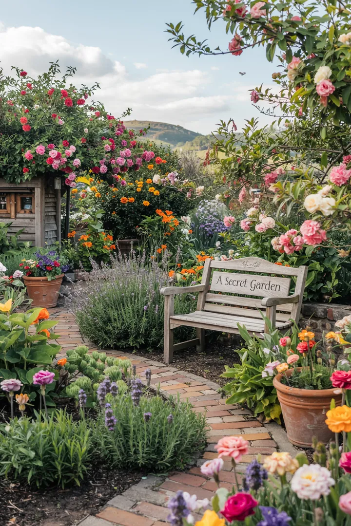 Ein malerischer Außenbereich mit bunten Blumenbeeten, üppigem Grün und kunstvoll angelegten Wegen, der die Schönheit eines traditionellen Holländischen Gartens widerspiegelt und zum Verweilen einlädt.