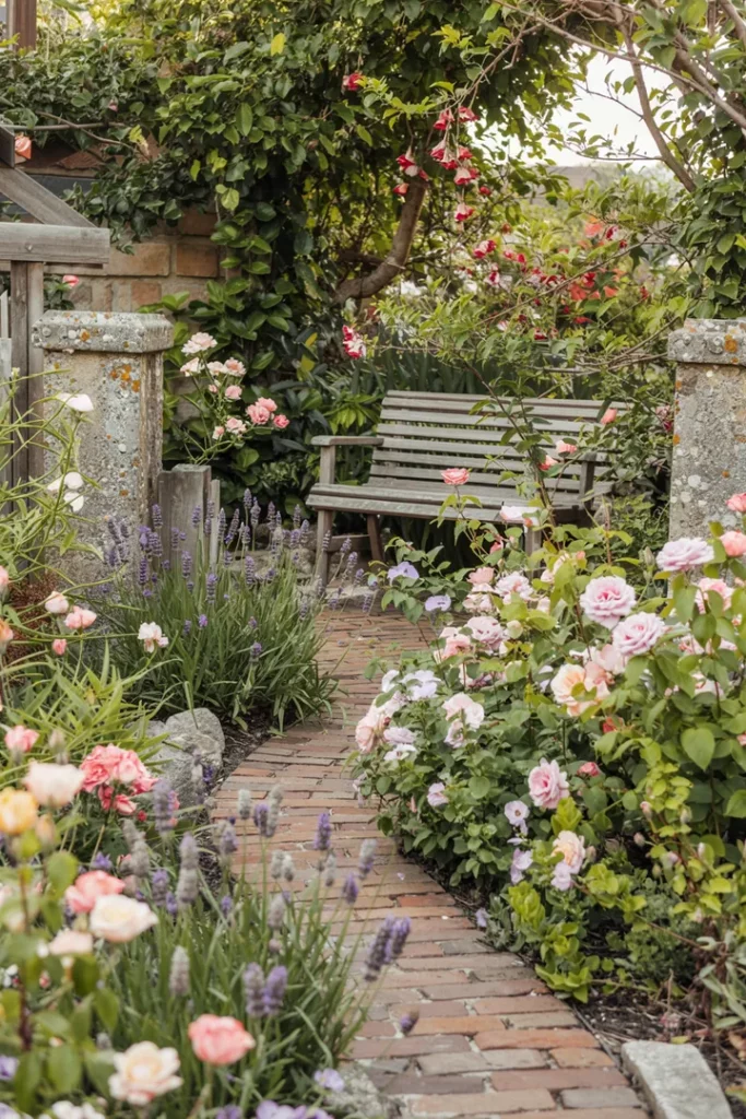 Ein idyllischer Garten mit einem rustikalen Fenster, umgeben von leuchtenden Pflanzen und Ziegelsteinen, die harmonisch in die natürliche Umgebung integriert sind und ein einladendes Ambiente schaffen.