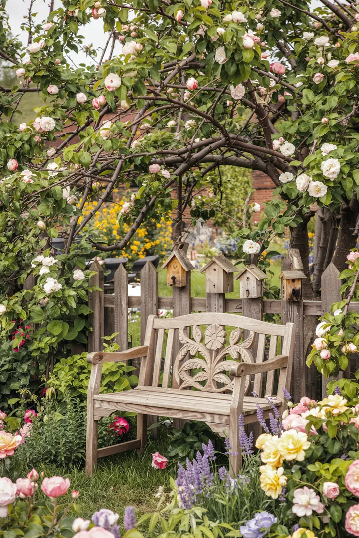 Ein malerischer Außenbereich mit rustikalen Akzenten, liebevoll gestalteten Elementen und künstlerischen Details, die eine einladende Atmosphäre im ländlichen Garten schaffen und die natürliche Schönheit der Umgebung betonen.