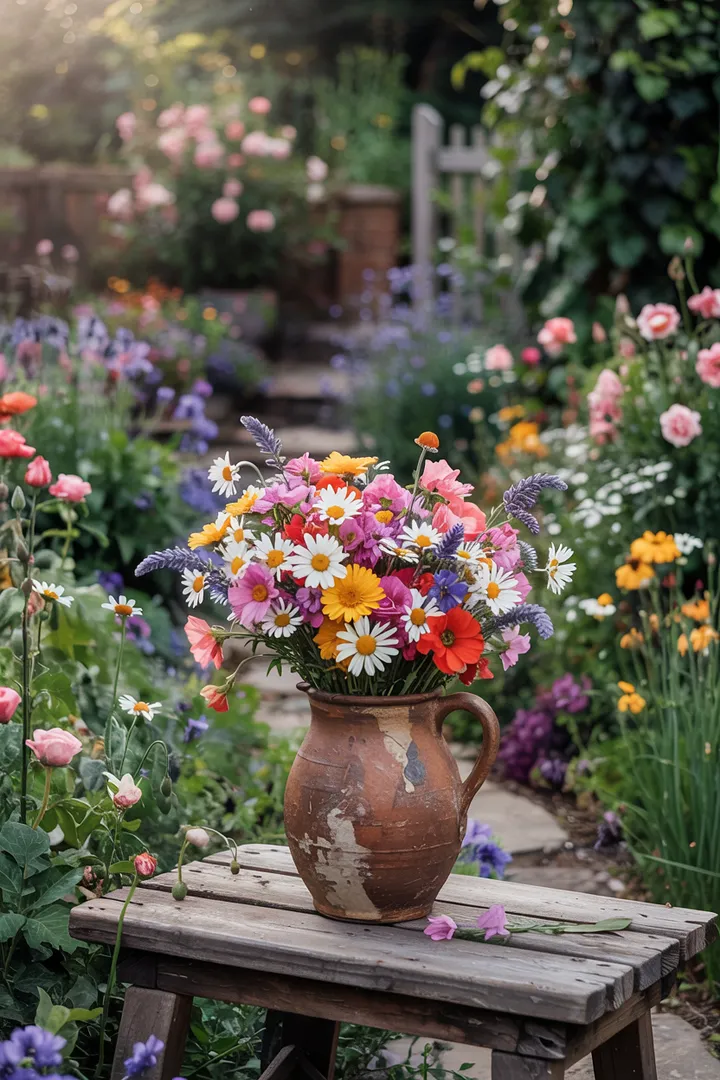 Ein blühender Außenbereich mit üppigem Grün, bunten Pflanzen und einem einladenden Sitzbereich, ideal für entspannende Momente im Garten und Hof. Perfekte Atmosphäre für Naturfreunde und Gartenliebhaber.