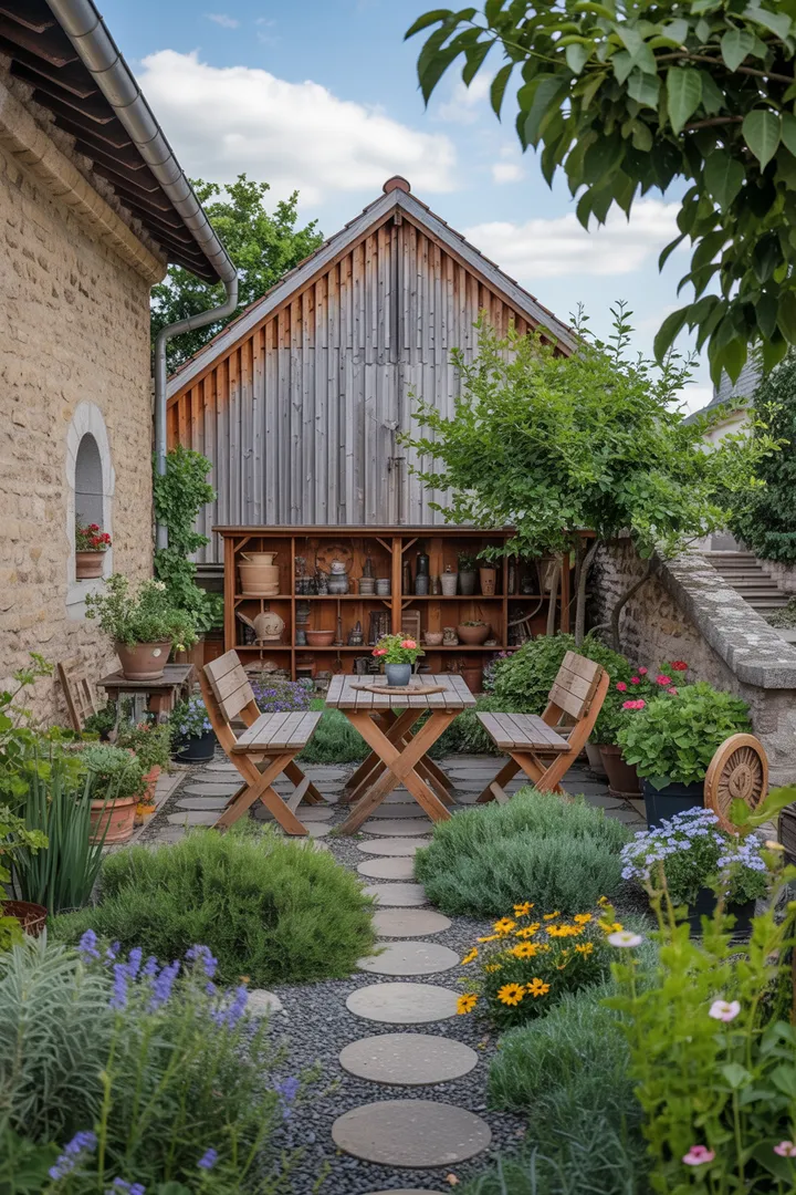 Ein malerischer Garten auf einem historischen Bauernhof, umgeben von üppigem Grün und bunten Blumen, der nostalgische Erinnerungen weckt und die ruhige Schönheit ländlicher Lebensart widerspiegelt.