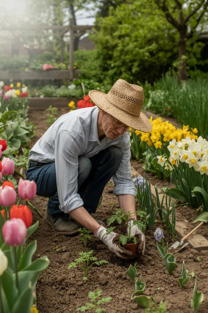 Ein idyllisches ländliches Szenario zeigt einen liebevoll gestalteten Außenbereich, der mit bunten Pflanzen und rustikalen Elementen verzaubert. Diese harmonische Anordnung inspiriert zu einer natürlichen Gestaltung im Garten auf einem Bauernhof.