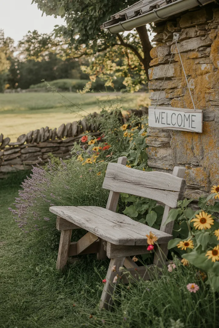 Ein malerischer Außenbereich, der eine harmonische Verbindung zwischen ländlicher Lebensweise und natürlicher Schönheit zeigt. Üppiges Grün und kreative Elemente prägen die harmonische Gartengestaltung eines Bauernhofs.