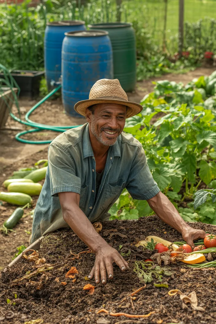 Ein idyllischer Außenbereich mit üppigem Grün, blühenden Pflanzen und rustikalen Holzelementen. Diese harmonische Landschaft verkörpert die perfekte Verbindung von Natur und ländlichem Charme, ideal für eine kreative Gartenplanung.
