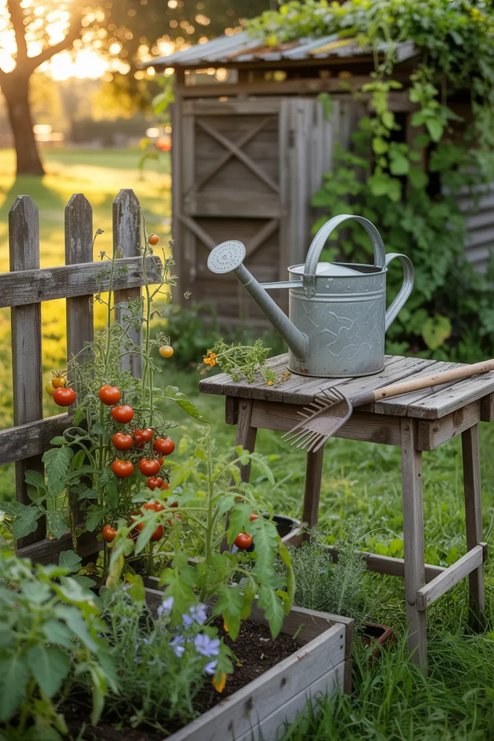 Ein liebevoll gestalteter Außenbereich mit üppigem Grün, bunten Blumen und rustikalen Elementen, der eine einladende Atmosphäre für Gartenliebhaber schafft. Perfekte Inspiration für natürliche Dekoration im ländlichen Stil.