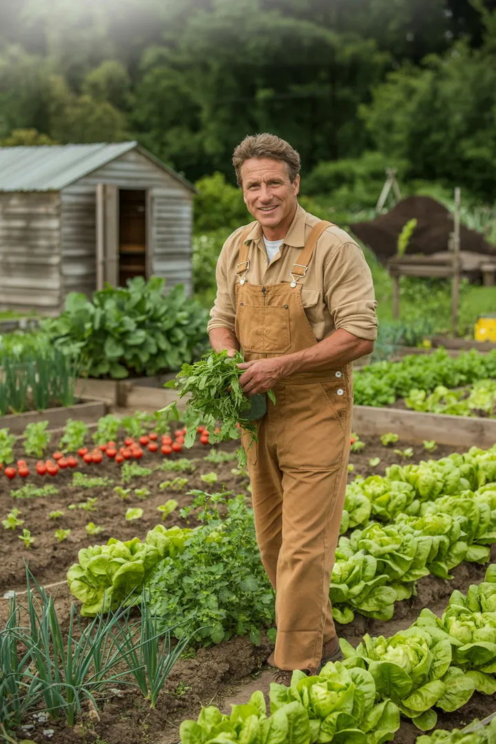 Ein malerisches Landstück mit üppigem Grün, das eine harmonische Kombination aus Pflanzen, Tieren und ländlicher Architektur zeigt. Ideal für kreative Inspiration rund um das Thema Garten und ländliches Leben.