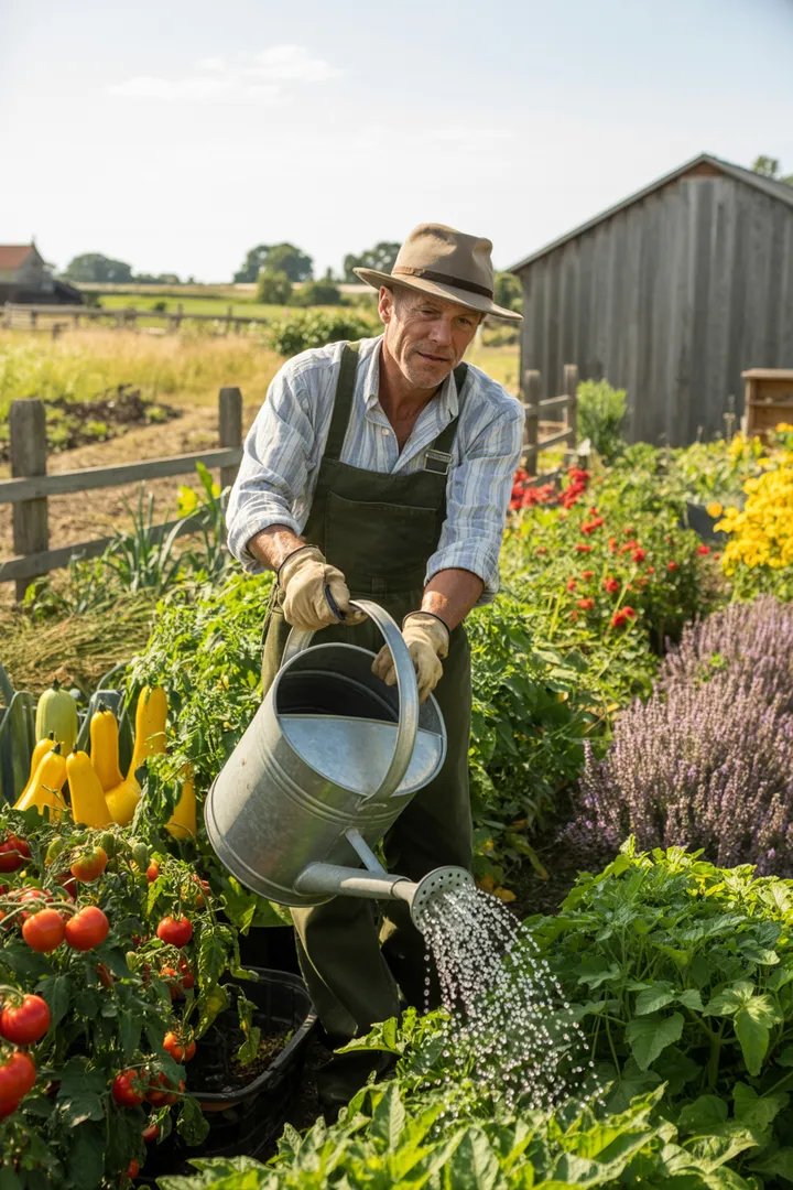 Ein idyllisches ländliches Areal mit üppigen Pflanzen, bunten Blumen und traditionellen Elementen, die ein harmonisches Bild eines biologischen Anbaus im Freien schaffen, ideal für naturnahe Gartenpflege auf einem Bauernhof.