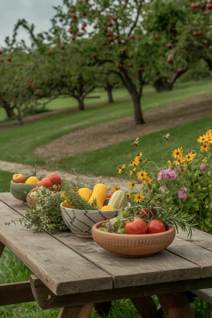 Ein idyllischer ländlicher Rückzugsort, der mit einer harmonischen Kombination aus verschiedenen Pflanzen, rustikalen Holzelementen und einem offenen, einladenden Raum für Freizeitaktivitäten gestaltet ist. Perfekt für naturnahe Gartenideen.
