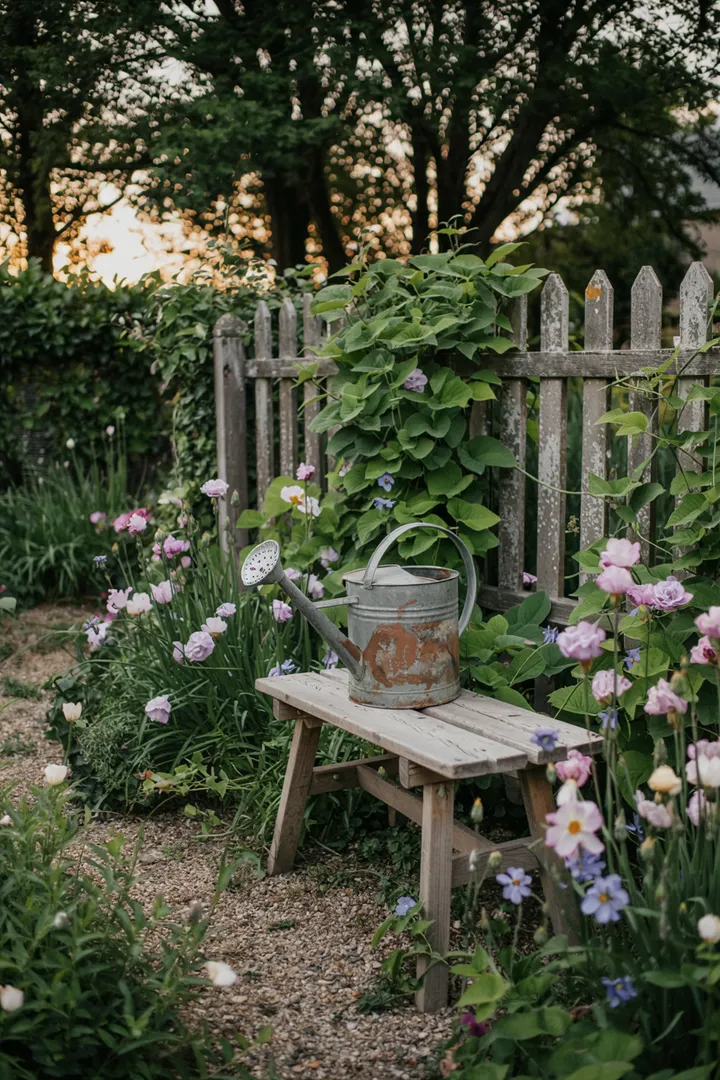 „Ein einladender Außenbereich mit üppigen Pflanzen und lebendigen, pflanzenbedeckten Wänden, der eine harmonische Atmosphäre für kleine Gärten schafft und natürliche Eleganz ausstrahlt.“