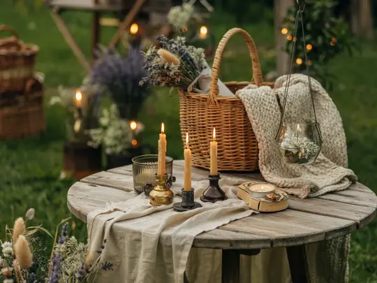 Stimmungsvoller Boho-Sitzplatz im Garten unter Bäumen – mit Vintage-Möbeln, Kissen, Makramee und warmem Abendlicht. Perfekt für romantische Gartenideen.