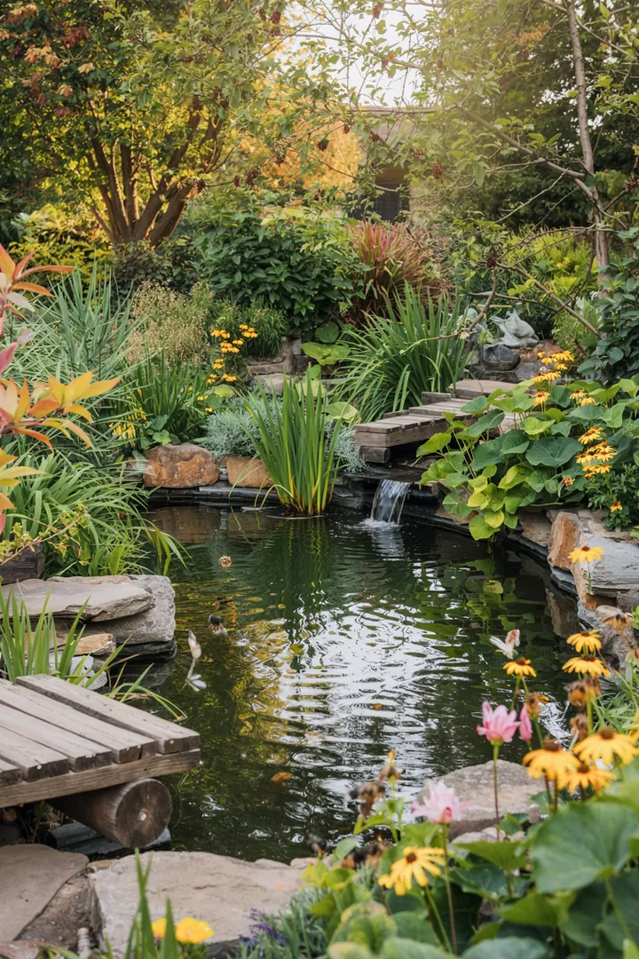 Ein idyllischer Wasserbereich mit üppiger Vegetation, der ein harmonisches Ökosystem für Pflanzen und Tiere bietet, ideal für einen Naturteich.