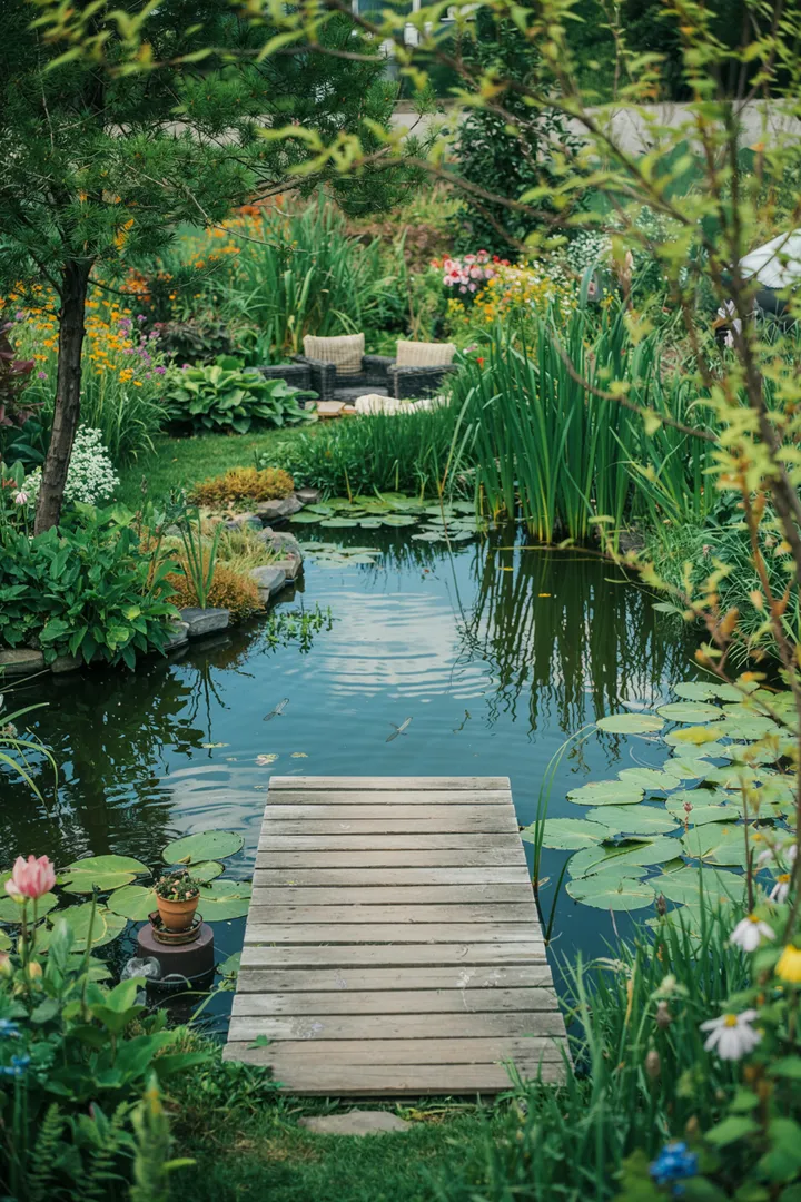Ein idyllischer Wasserbereich umgeben von üppigem Grün, der harmonisch in die Landschaft integriert ist und eine Vielzahl von Pflanzen und Tieren beherbergt. Ideal für einen Naturteich.