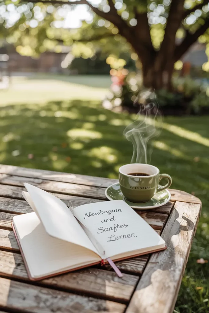 Notizbuch und Kaffeetasse auf Holztisch im Garten, im Hintergrund gepflegter Rasen – ruhiges Motiv für achtsamen Neubeginn mit Rasenpflegekurs.