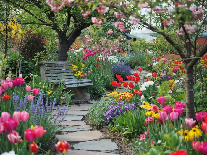 Blütengarten mit Bank und Weg