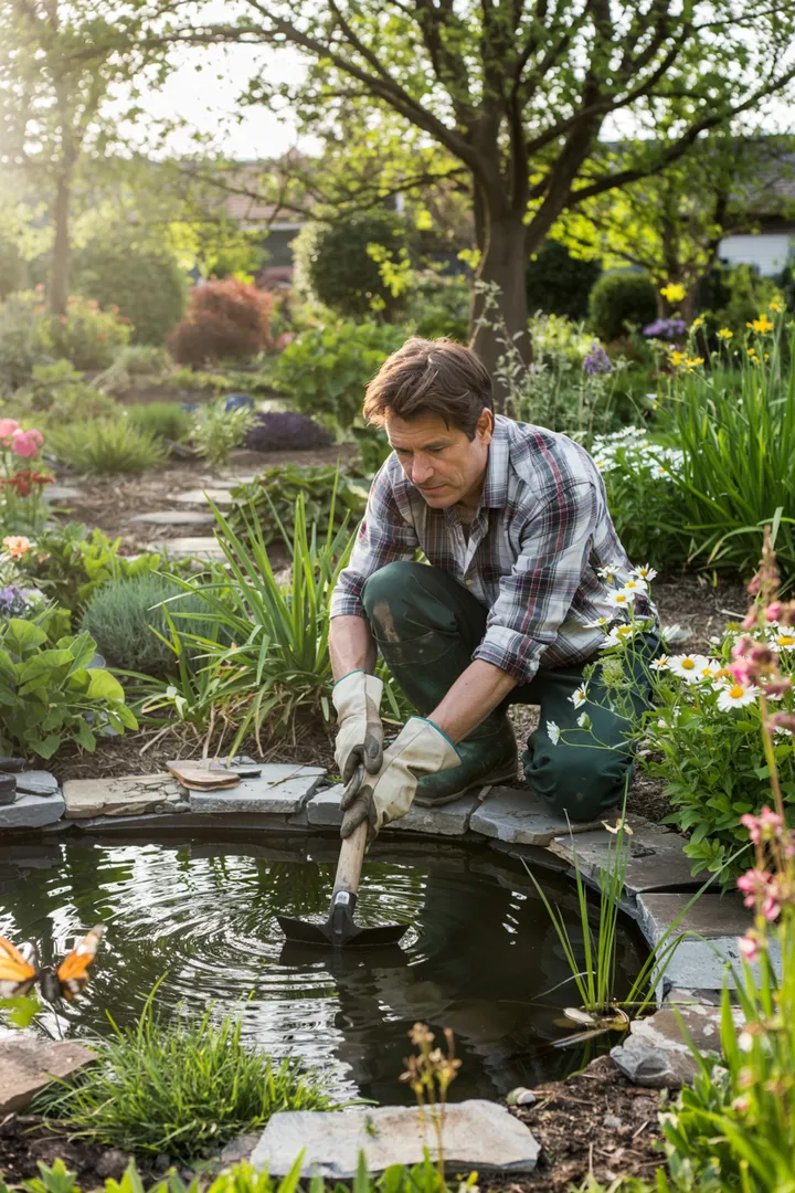 Ein idyllischer Wassergarten mit einem ruhigen Gewässer, umgeben von üppigem Grün und bunten Blumen, ideal für kleine Teiche im Garten.