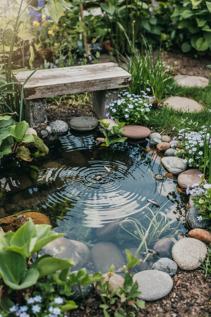 Ein idyllischer kleiner Wasserbereich mit bunten Pflanzen und sanften Wellen, ideal für kreative Gestaltungsideen in einem natürlichen Garten.