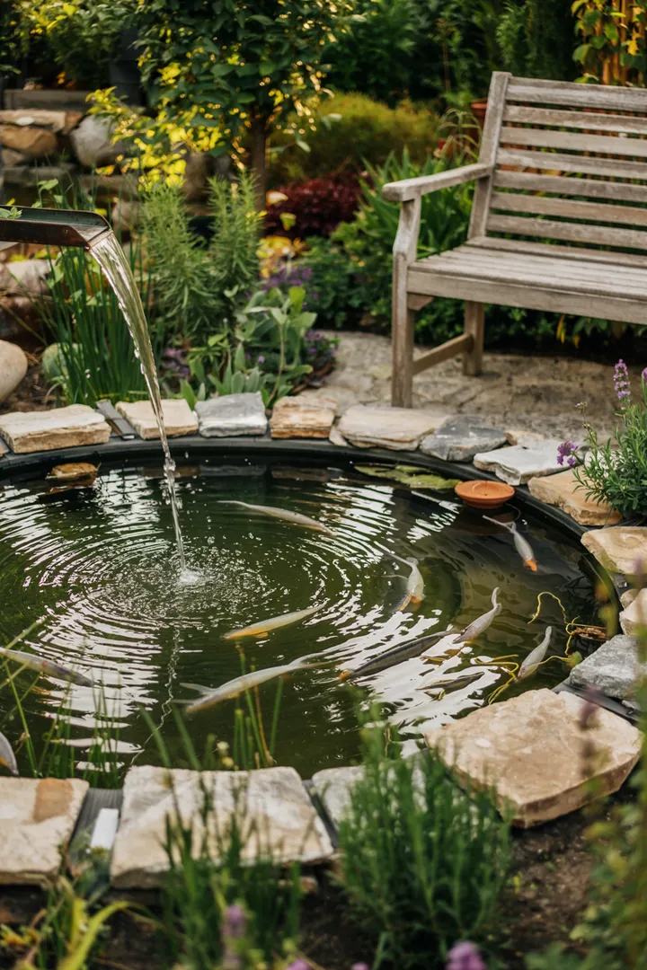 Ein kunstvoll gestalteter Wasserlauf mit sanften Steinen und üppigem Grün, ideal für DIY-Projekte im Garten. Perfekt für einen Bachlauf selber bauen.