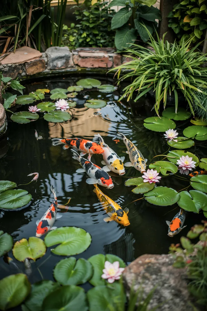 Eine idyllische Gartenlandschaft mit einem klaren Gewässer, umgeben von üppigem Grün und bunten Pflanzen, inspiriert zu kreativen Teich Ideen.