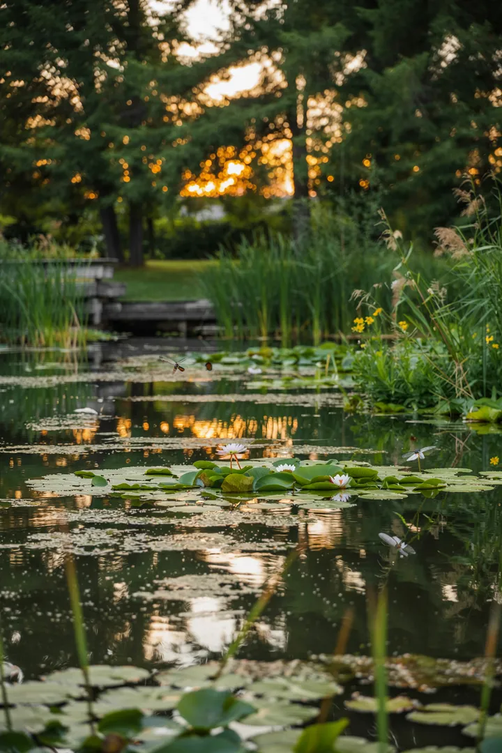 Ein idyllischer Wasserbereich mit sanften Pflanzen und dekorativen Elementen, ideal für kreative Teich Ideen zur Gartengestaltung.