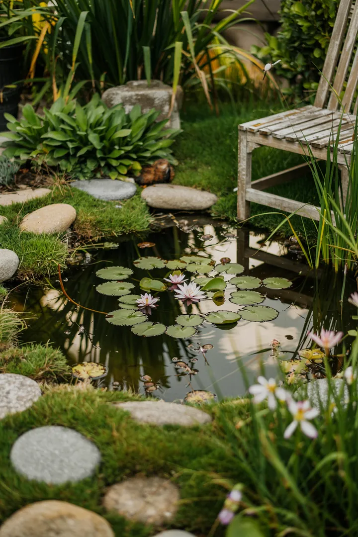 Ein üppig bewachsener Wassergarten mit verschiedenen Pflanzenarten, die harmonisch um einen ruhigen Teich angeordnet sind, ideal für die Teichbepflanzung.