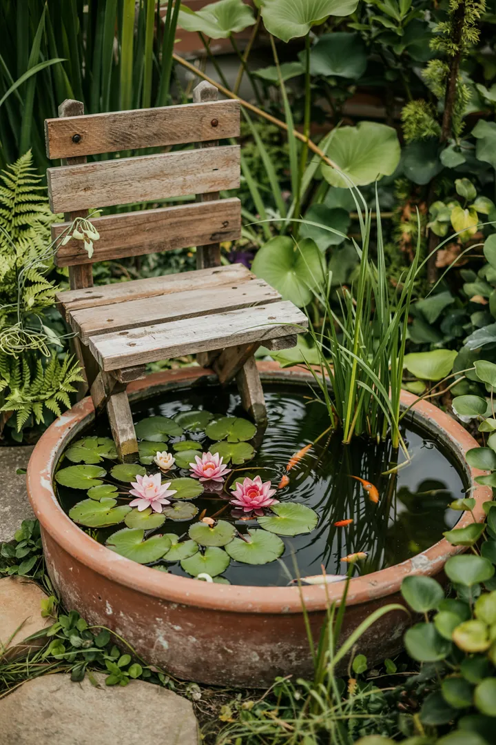 Ein sanft fließendes Gewässer, das durch einen üppigen Garten schlängelt, umgeben von bunten Pflanzen und Steinen. Ideal für Naturliebhaber.