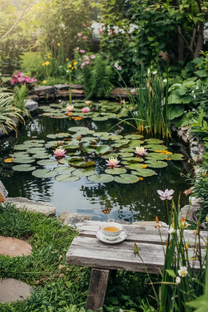 Eine üppige, grüne Oase mit verschiedenen Pflanzenarten, die harmonisch am Rand eines ruhigen Wassers angeordnet sind, ideal für eine ansprechende Teichbepflanzung.