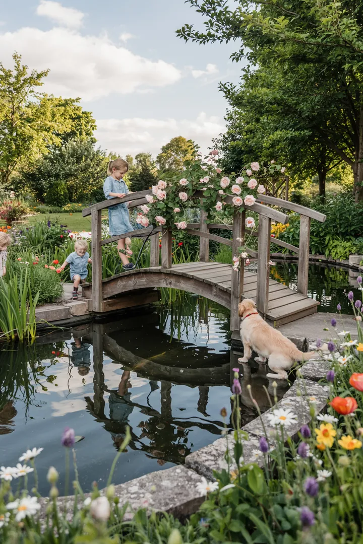 Ein idyllischer Garten mit einem einladenden Gewässer, umgeben von einem charmanten, dekorativen Abgrenzungselement, das eine harmonische Atmosphäre schafft.