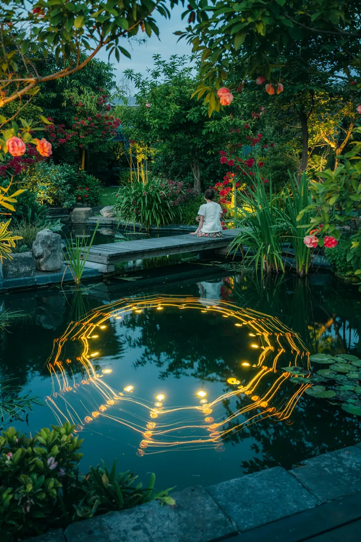 Ein harmonischer Gartenbereich mit einem glitzernden Wasserbecken, umgeben von üppigem Grün und bunten Pflanzen, ideal für inspirierende Teich Ideen.