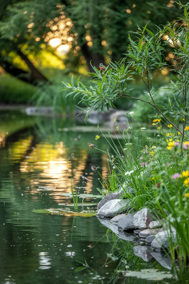 Ein idyllischer Wasserlauf schlängelt sich durch eine grüne Landschaft, umgeben von bunten Pflanzen und Steinen, ideal für einen Garten voller Leben.
