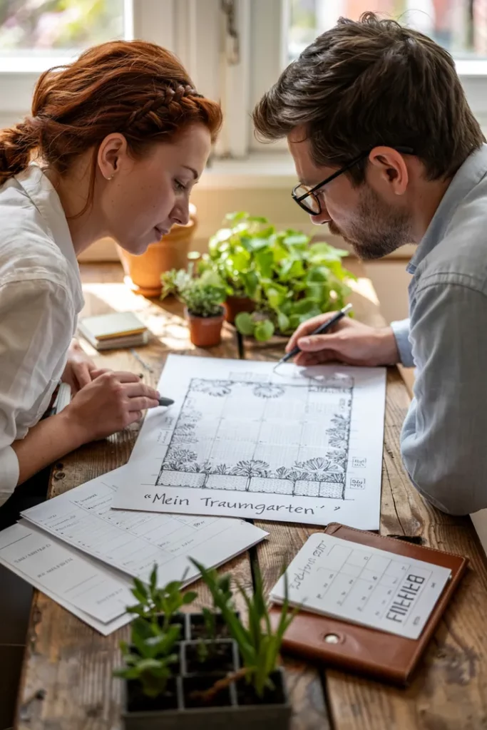 Ein Paar sitzt an einem Holztisch, beugt sich über Papiere und Pläne. Stecklinge und Tassen stehen daneben, sie wirken ruhig und verbunden.