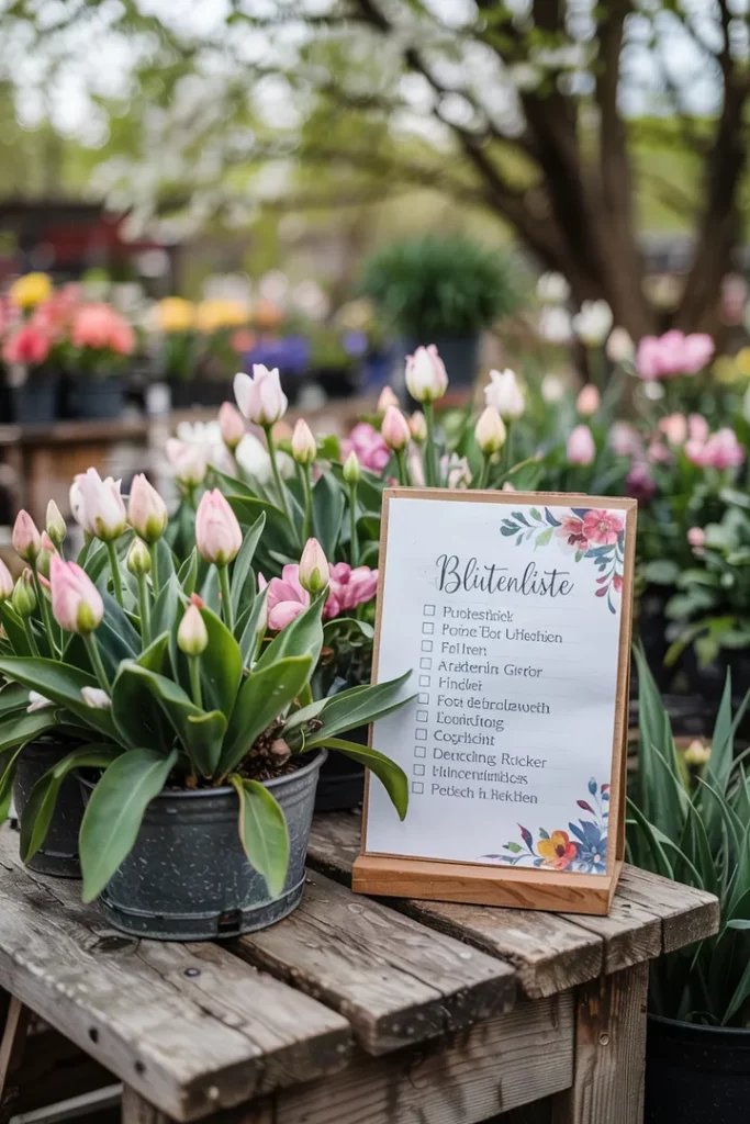 Ein Garten mit vielen geschlossenen Blütenknospen. Auf einem Tisch liegt eine strukturierte Checkliste mit Blütenmuster.
