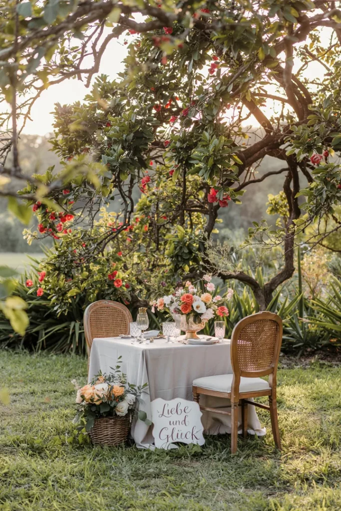 Ein stimmungsvoll gedeckter Tisch unter blühenden Bäumen. Weiches Licht, zwei Stühle – alles wirkt ruhig und festlich.