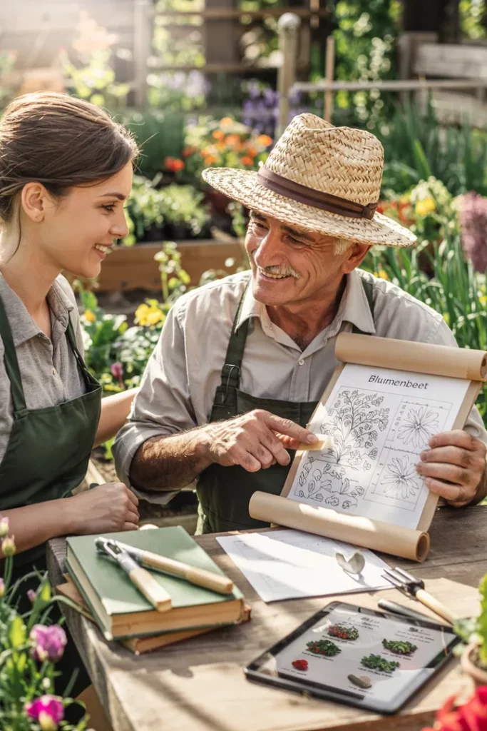 Ein älterer Mann zeigt einer jungen Frau einen Gartenplan. Sie schauen einander an, im Hintergrund liegen Werkzeuge und Checklisten.
