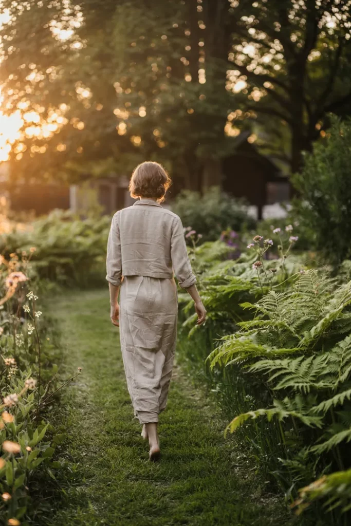 Ein ruhiger Gartenpfad bei Sonnenaufgang, eine Person geht barfuß durchs taunasse Gras, rundum grün, friedlich und natürlich.