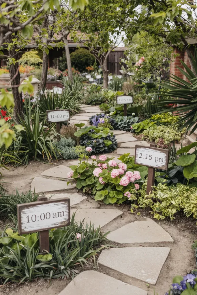 Ein liebevoll gestalteter Garten mit kleinen Wegweisern, Pflanzen in verschiedenen Stadien. Alles wirkt geordnet, freundlich und inspirierend.