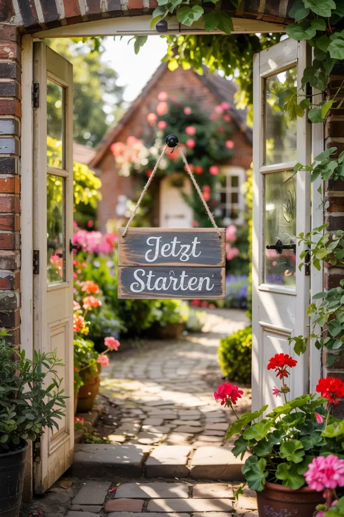 Eine geöffnete Gartentür zeigt einen hellen Weg ins Grüne. Auf einem Schild steht „Jetzt starten“. Licht, Natur und Bewegung.