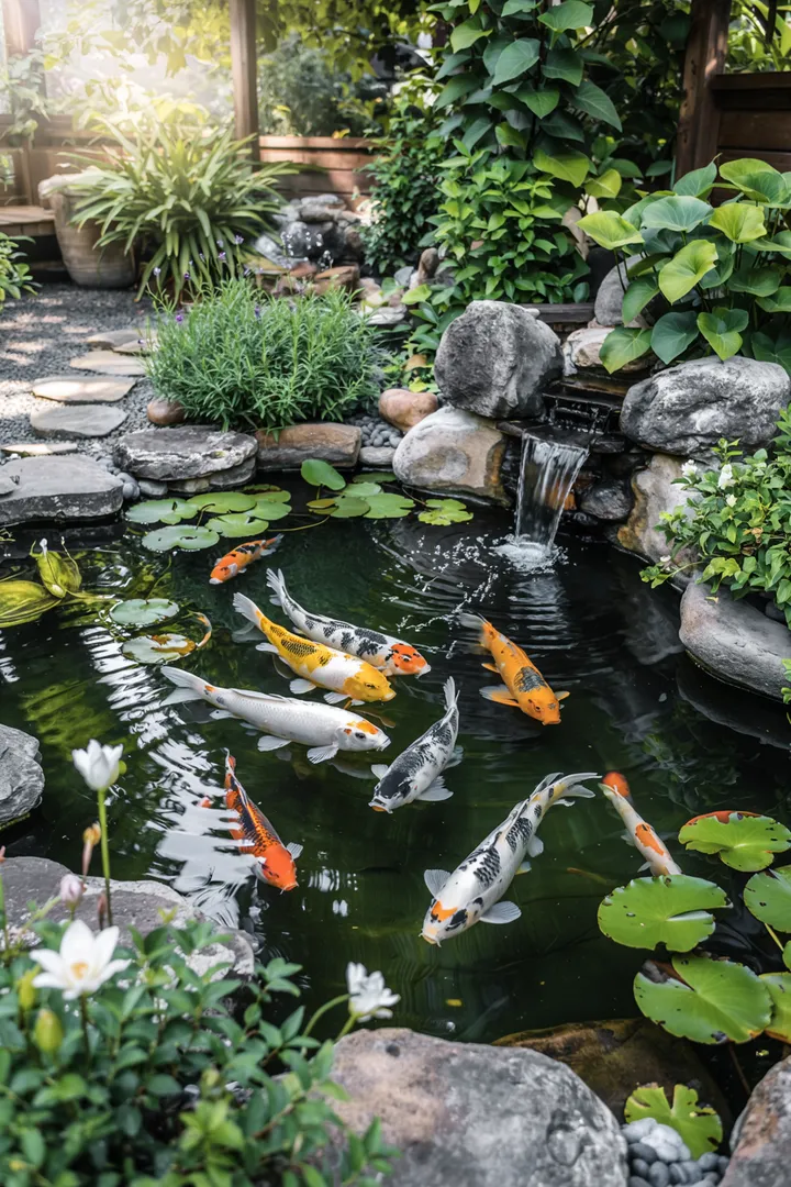 Ein friedlicher Wassergarten mit farbenfrohen Fischen, die elegant durch klares Wasser schwimmen, umgeben von grünen Pflanzen und Steinen. Ideal für Entspannung und Naturerlebnis.