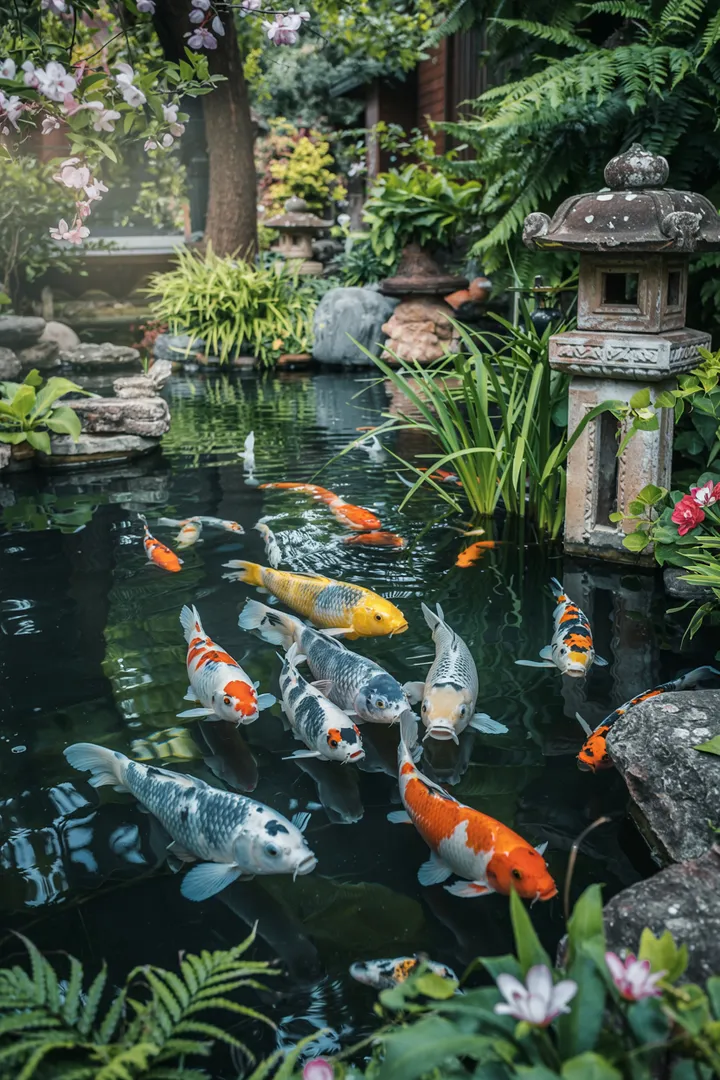Ein ruhiger Teich mit lebhaften, bunten Fischen, die elegant durch das Wasser schwimmen, umgeben von üppigem Grün und sanften Steinen. Ideal für Gartenliebhaber.