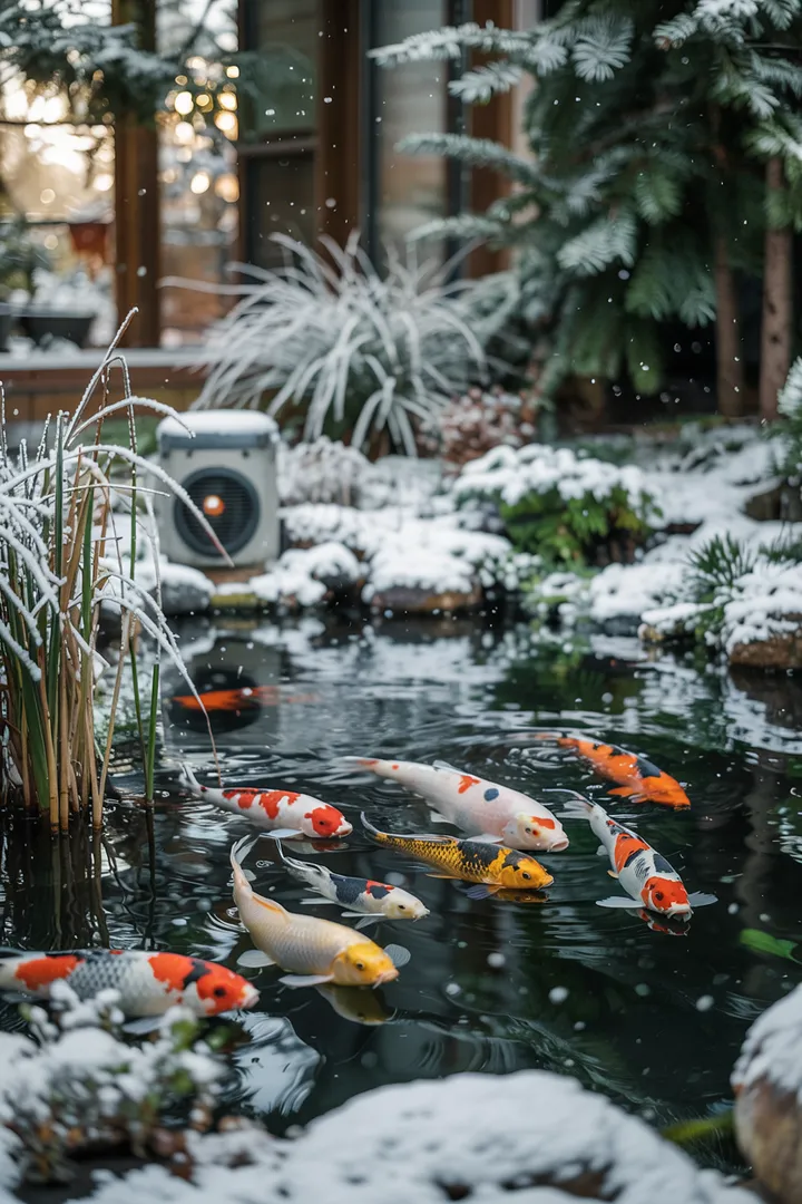 Farbenfrohe Fische schwimmen in einem ruhigen Gewässer, umgeben von üppigem Grün und sanften Steinen, ideale Atmosphäre für einen Teichliebhaber.